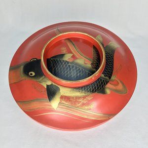 Japanese Covered Bowl 10" Koi Carp Fish Red Black Gold Vintage